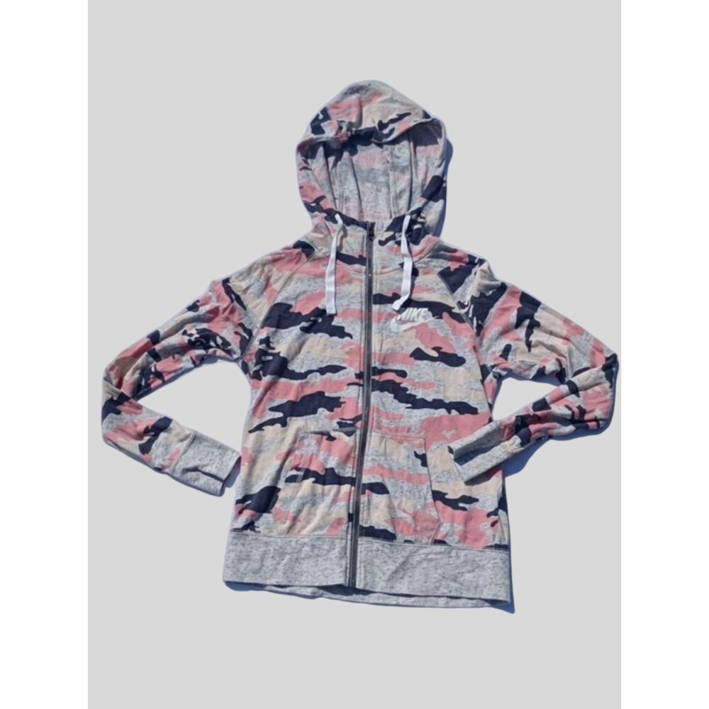 NIKE Women's Cotton Small Full Zip Up Pink Camo Hoodie Lightweight Jacket AO9174